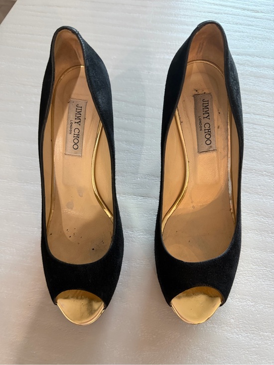 Jimmy Choo Shoes - Jimmy Choo Black Suede Peep-Toe Pumps with Gold Toe Cap